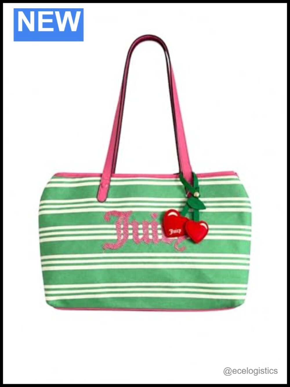 Juicy Couture Striped Canvas Tote Bag with Heart Charm, Dual Straps, Retro